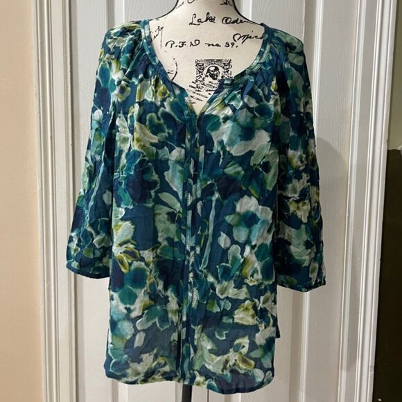 New water floral boho puff sleeves aqua Rayon blouse St. John’s Bay - Picture 4 of 14